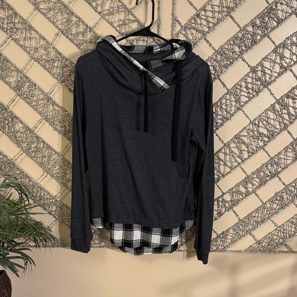 Dark gray, black hair and White Plaid Layered Hoodie